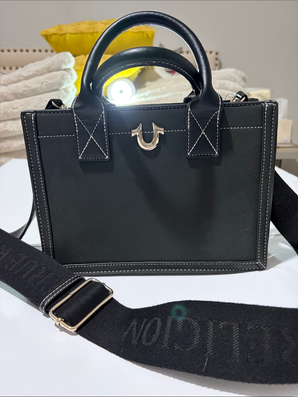 True Religion Mini Tote Black Structured Satchel Adjustable / Removable Strap